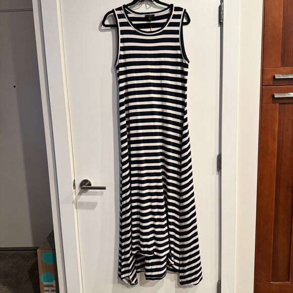 J. Crew Hi-Low Maxi Dress Navy Blue White Striped Crew Neck Sleeveless Sz M - Picture 1 of 5